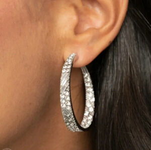 New Chunky Silver Sparkling Rhinestone Hoop Earrings